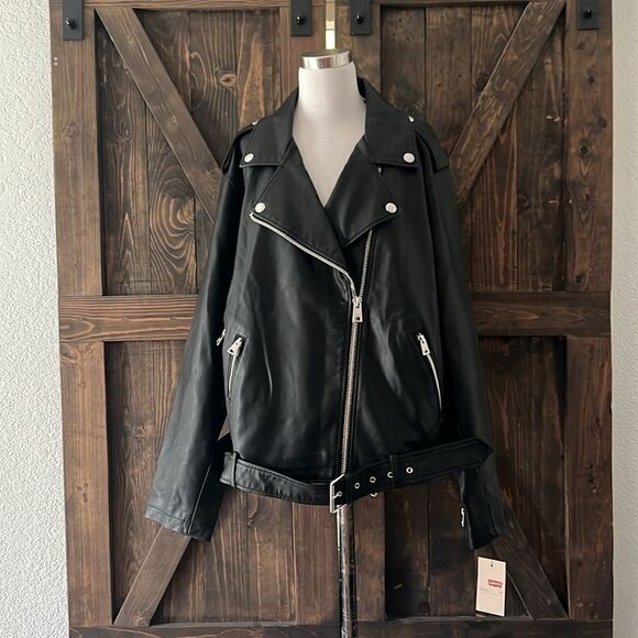 NWT Levi's  Faux Leather Belted Motorcycle Jacket - Black - Picture 5 of 16